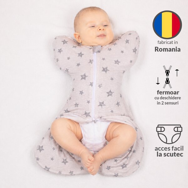 Sistem de infasat bebe Kidizi Swaddel Confort O a Cloud 0-4 luni – anti reflex Moro, 100% bumbac, fermoar dublu, 0.5 TOG