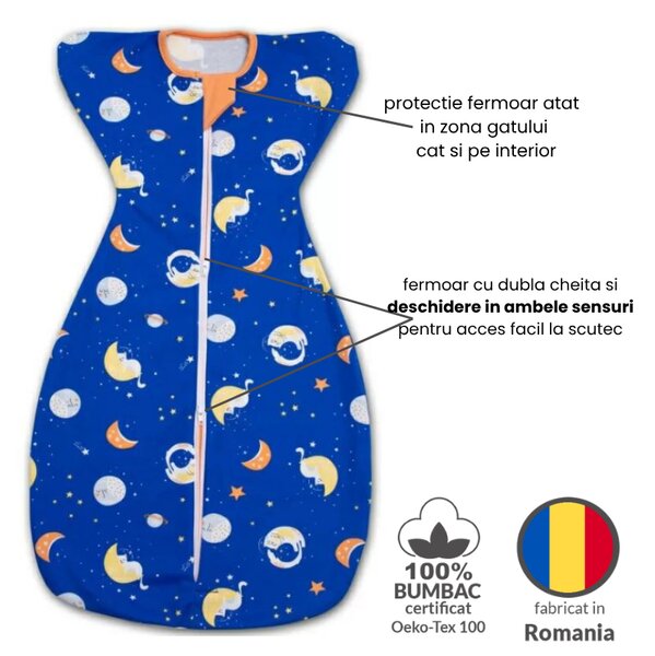 Sistem de infasat bebe Kidizi Swaddel Confort Space Cats 0-4 luni – anti reflex Moro, 100% bumbac, fermoar dublu, 0.5 TOG
