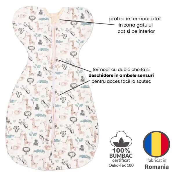 Sistem de infasat bebe Kidizi Swaddel Confort Safari 0-4 luni – anti reflex Moro, 100% bumbac, fermoar dublu, 0.5 TOG