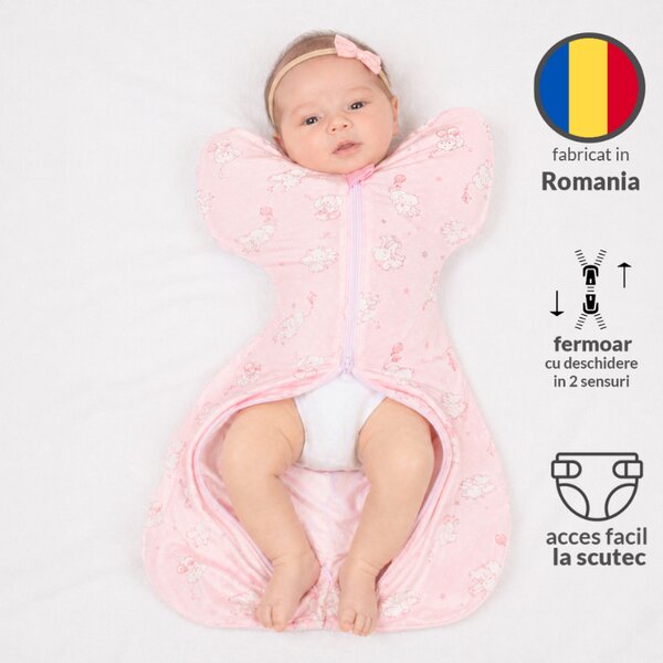 Sistem de infasat bebe Kidizi Swaddel Confort Elefun Pink 0-4 luni – anti reflex Moro, 100% bumbac, fermoar dublu, 0.5 TOG