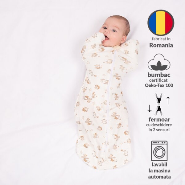 Sistem de infasat bebe Kidizi Swaddel Confort Orso 0-4 luni – anti reflex Moro, 100% bumbac, fermoar dublu, 0.5 TOG