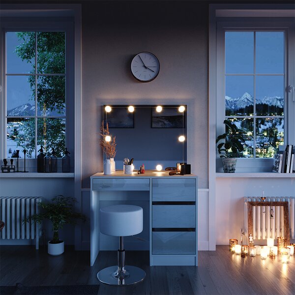 SEA466 - Set Masa toaleta, 90 cm, moderna cosmetica machiaj oglinda, masuta vanity, cu sau fara LED, cu sau fara scaun - Alb Lucios