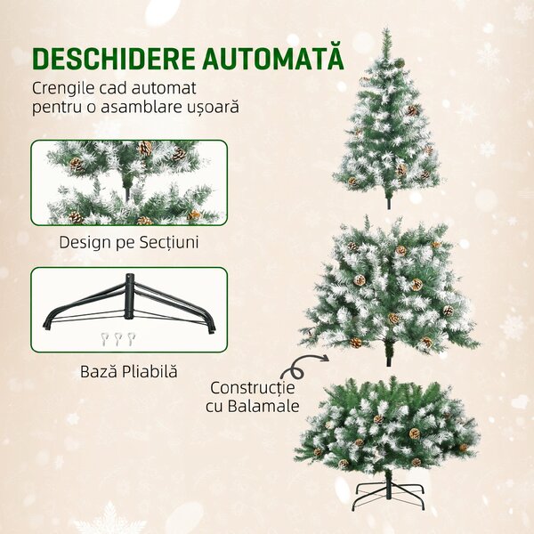 HOMCOM Brad de Crăciun Înzăpezit cu Conuri, Brad Artificial cu Deschidere Automată și Bază Pliabilă, Ø103x180 cm, Verde | Aosom Romania