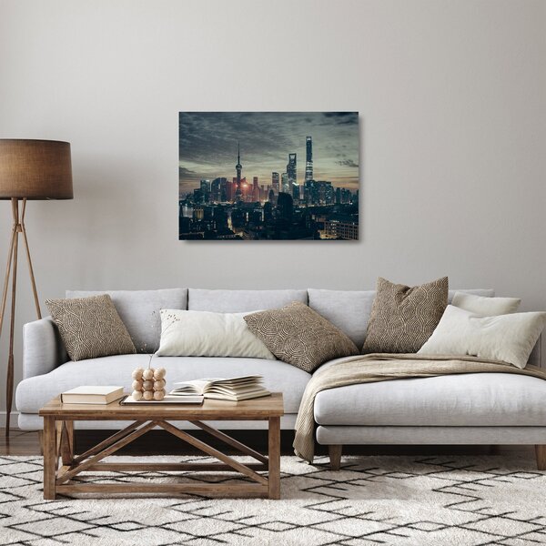 Tablou pe sticlă cu orașul în amurg (70x50 cm)