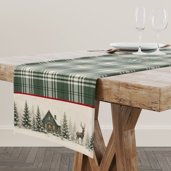 Napron de Craciun Vanya 40×150 cm, cu peisaj de iarna, bumbac 100%