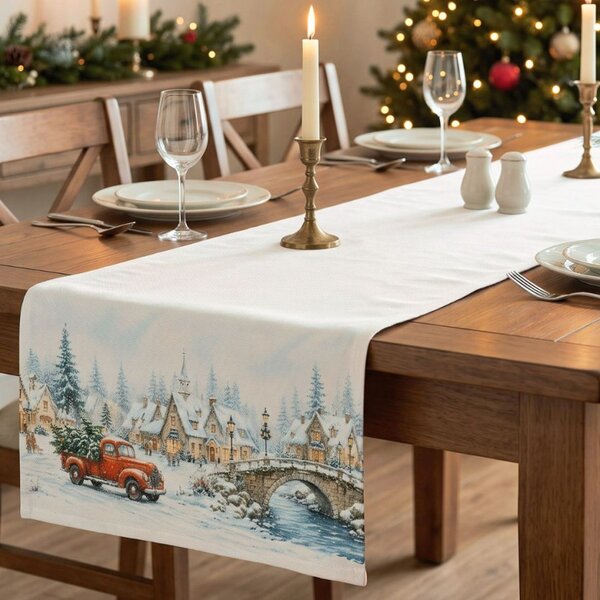 Napron de Craciun Home for Christmas 40×150 cm, cu peisaj de iarna, bumbac 100%