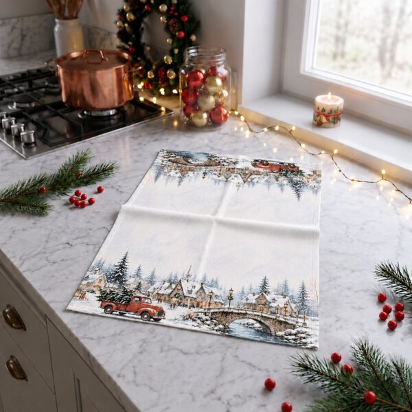 Prosop de bucatarie Craciun Home for Christmas peisaj de iarna, bumbac 100%, 40x65cm