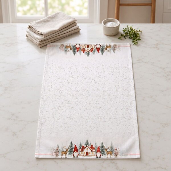 Prosop de bucatarie Craciun Koa cu gnomi, casuta si reni, bumbac 100%, 40x65cm