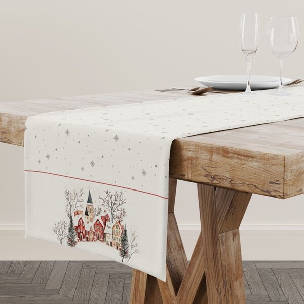 Napron de Craciun Lucca 40×150 cm, cu casute inzapezite, bumbac 100%