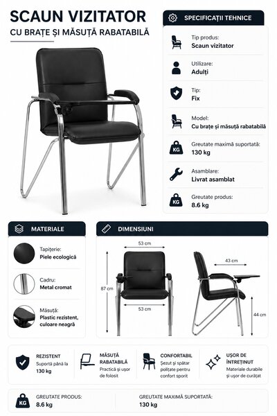 Scaun vizitator MULLER Soft cu masuta rabatabila, Ocru, piele ecologica