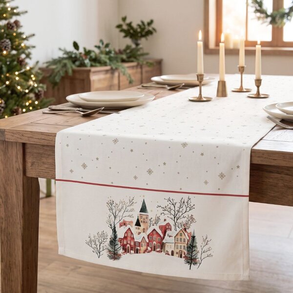 Napron de Craciun Lucca 40×150 cm, cu casute inzapezite, bumbac 100%