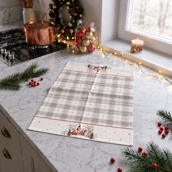 Prosop de bucatarie Craciun Lucca cu carouri si casute inzapezite, bumbac 100%, 40x65cm