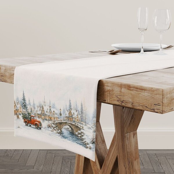 Napron de Craciun Home for Christmas 40×150 cm, cu peisaj de iarna, bumbac 100%
