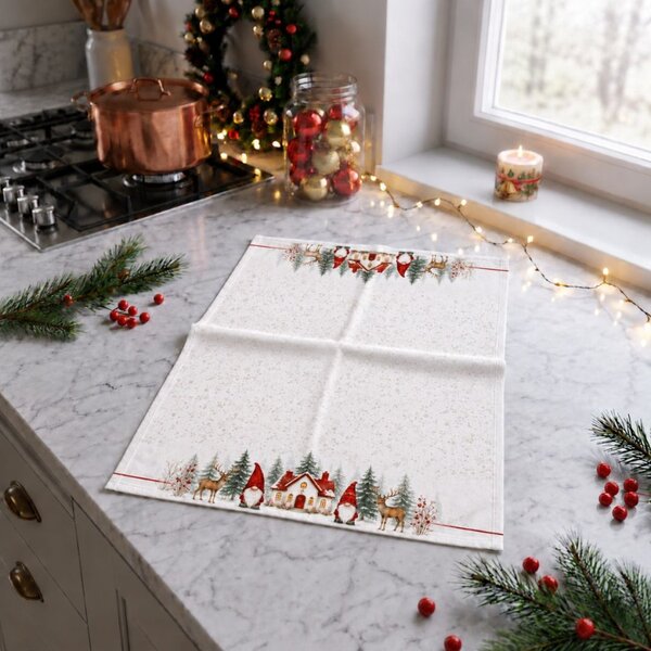 Prosop de bucatarie Craciun Koa cu gnomi, casuta si reni, bumbac 100%, 40x65cm