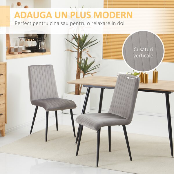 HOMCOM Set 2 Scaune Elegante pentru Dining, Catifea Gri și Picioare din Oțel, Confortabile, Suportă până la 120kg | Aosom Romania
