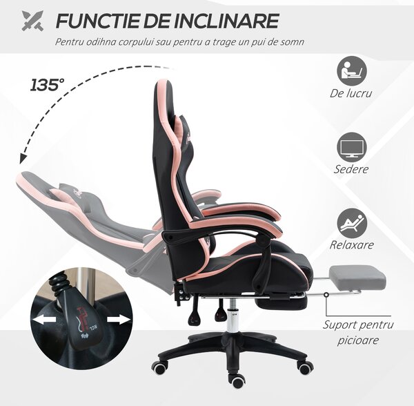 Scaun de Gaming Premium, Piele Ecologică PU, Oțel, Înălțime Ajustabilă, Spătar Inclinabil, 65x65x121-129 cm, Roz și Negru | Aosom Romania