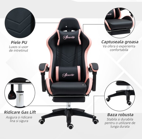 Scaun de Gaming Premium, Piele Ecologică PU, Oțel, Înălțime Ajustabilă, Spătar Inclinabil, 65x65x121-129 cm, Roz și Negru | Aosom Romania