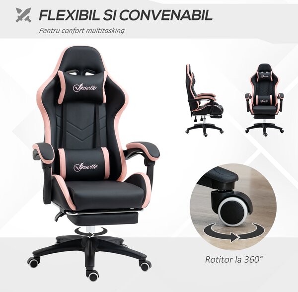 Scaun de Gaming Premium, Piele Ecologică PU, Oțel, Înălțime Ajustabilă, Spătar Inclinabil, 65x65x121-129 cm, Roz și Negru | Aosom Romania