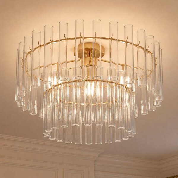 Lucande Plafonieră Leanna, transparentă/alamă, Ø 54 cm, sticlă, reglabil, Transparent, Camera de zi / sufragerie, Sticlă, Modern