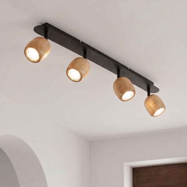Lindby Spot de tavan Sloane, 4 becuri, lemn/negru, GU10, reglabil, Lemn, Camera de zi / sufragerie, Lemn, Modern