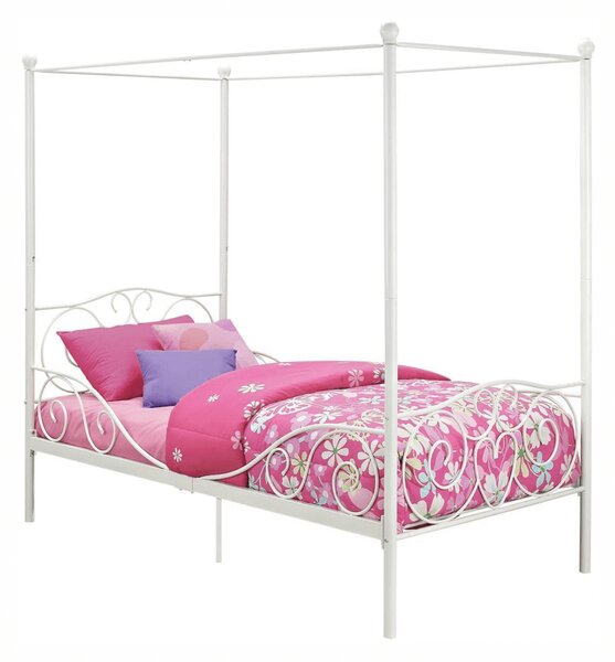 KONDELA Pat metalic cu baldachin, alb, 90x200, ADELISA