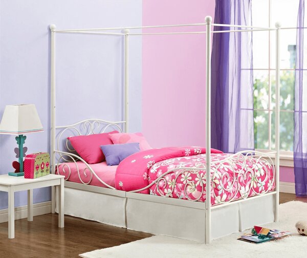 KONDELA Pat metalic cu baldachin, alb, 90x200, ADELISA