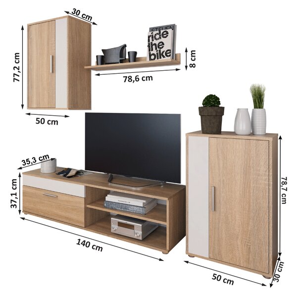KONDELA Perete living, stejar sonoma / alb, KEVIN