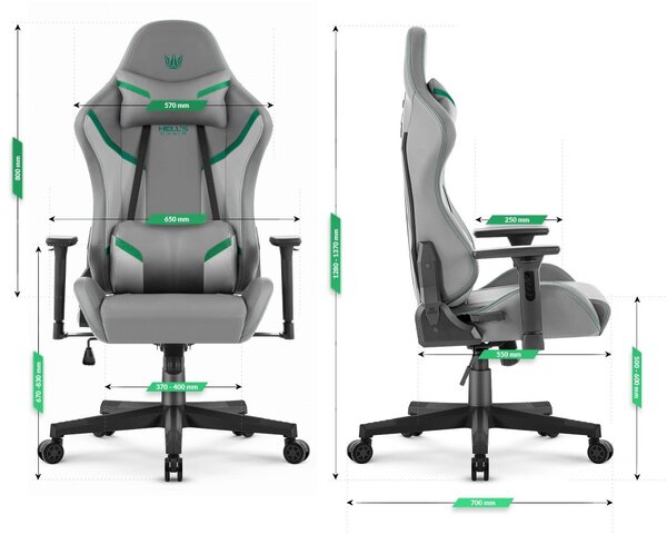 Scaun ergonomic de gaming HC-2002, cu o capacitate de încărcare de 150 kg – gri cu detalii verzi