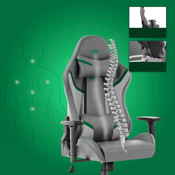 Scaun ergonomic de gaming HC-2002, cu o capacitate de încărcare de 150 kg – gri cu detalii verzi