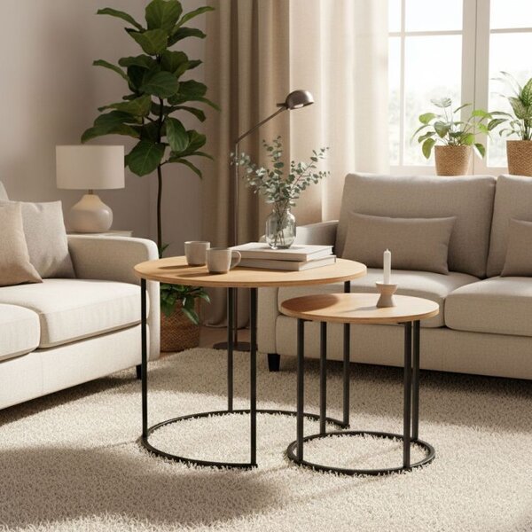 Set de 2 mese de cafea - mese rotunde cu decor din stejar
