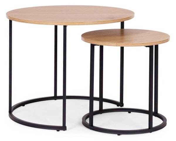 Set de 2 mese de cafea - mese rotunde cu decor din stejar