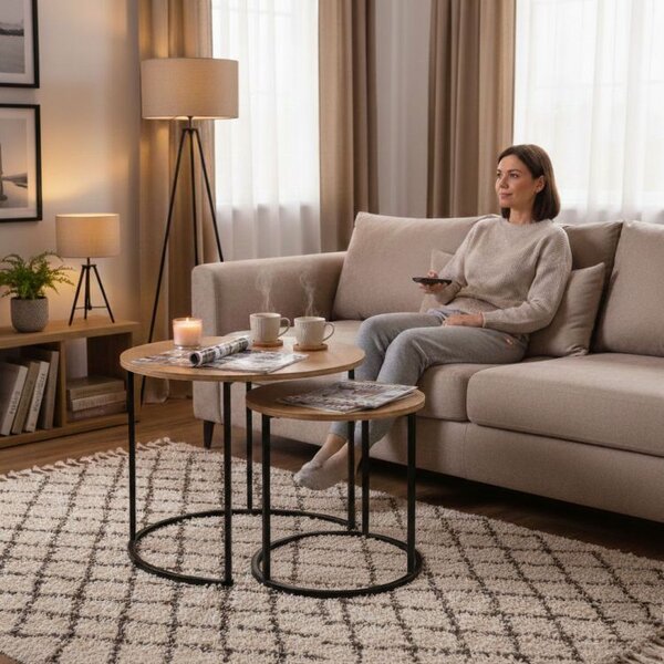 Set de 2 mese de cafea - mese rotunde cu decor din stejar