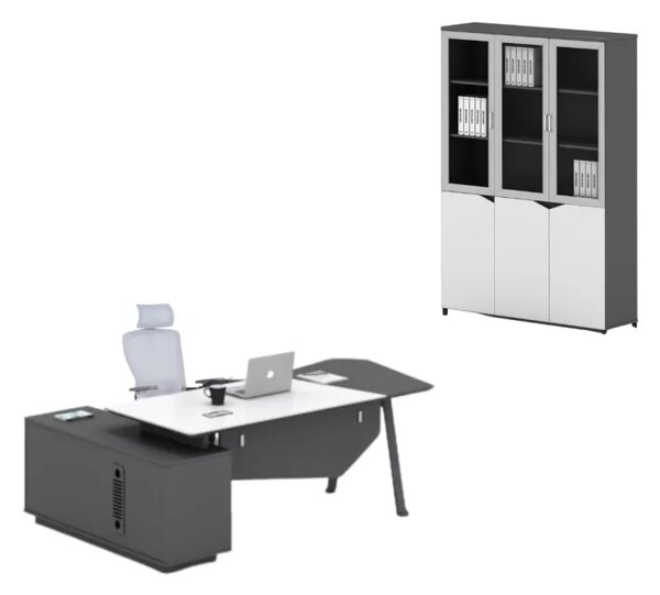 Set Platinia & LumaSeat - Birou directorial cu dulap lateral, scaun ergonomic si dulap cu usi din sticla