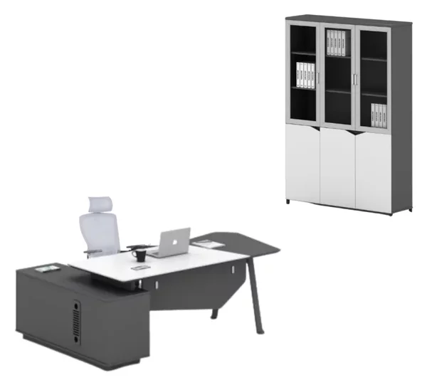 Set Platinia & LumaSeat - Birou directorial cu dulap lateral, scaun ergonomic si dulap cu usi din sticla