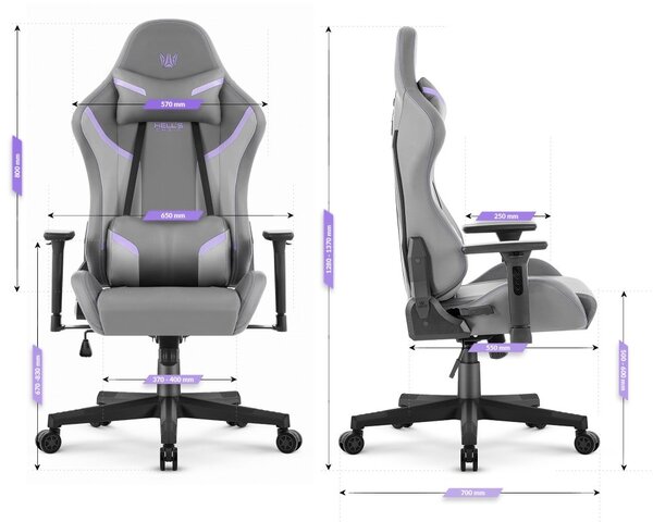 Scaun ergonomic de gaming HC-2002, cu o capacitate de încărcare de 150 kg – gri cu detalii violet