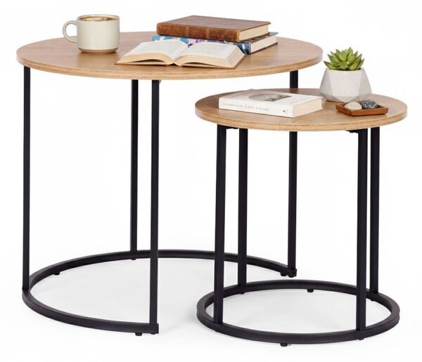 Set de 2 mese de cafea - mese rotunde cu decor din stejar