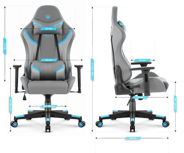 Scaun ergonomic de gaming HC-2002, cu o capacitate de încărcare de 150 kg – gri cu detalii albastre