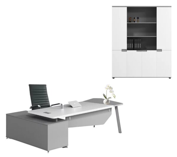 Set Platinia & Prestige - Birou cu dulap lateral si Scaun de birou ergonomic, reglabil din piele ecologica neagra