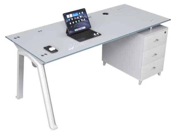 Birou Prime cu blat de sticla si dulap lateral fix - dimensiuni 1400*700*750 mm