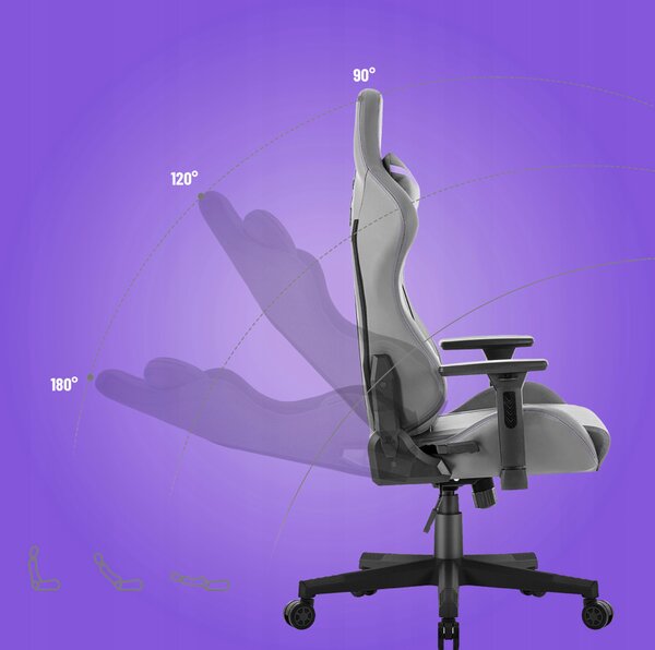 Scaun ergonomic de gaming HC-2002, cu o capacitate de încărcare de 150 kg – gri cu detalii violet