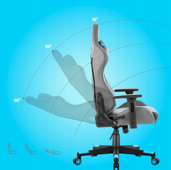 Scaun ergonomic de gaming HC-2002, cu o capacitate de încărcare de 150 kg – gri cu detalii albastre