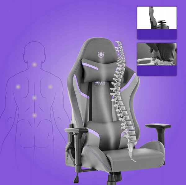 Scaun ergonomic de gaming HC-2002, cu o capacitate de încărcare de 150 kg – gri cu detalii violet
