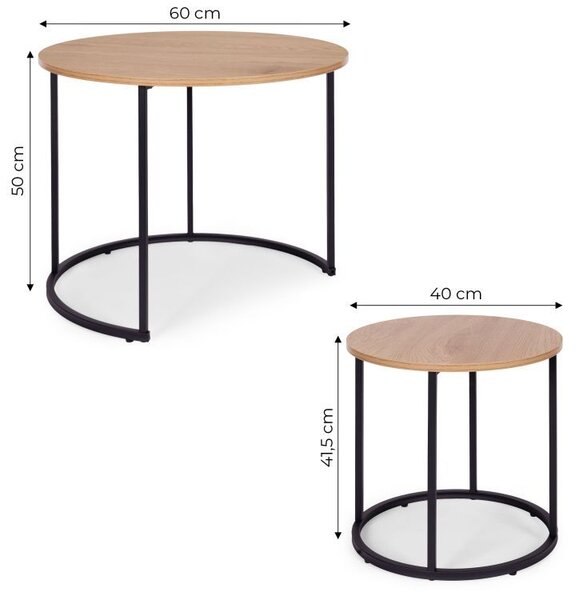 Set de 2 mese de cafea - mese rotunde cu decor din stejar