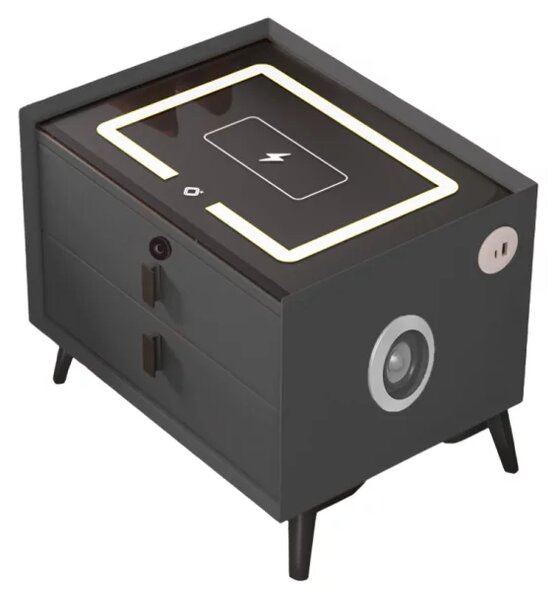Noptiera inteligenta cu incarcare wireless, iluminare LED, difuzor Bluetooth, port USB si Type-C – culoare gri antracit, 2 sertare, design modern din sticla si lemn