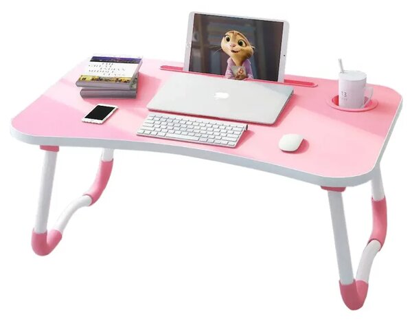 Masă pliabilă pentru laptop, 60x40x28cm, roz – Design modern din MDF și metal
