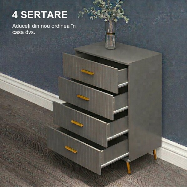 HOMCOM Comodă Modernă cu 4 Sertare, Unitate Sertar Depozitare cu Picioare din Aluminiu, 60x40x90 cm, Gri Închis