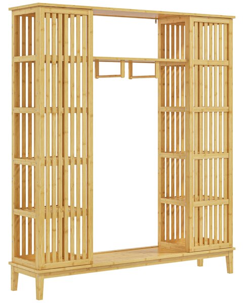 HOMCOM Dulap Deschis din Bambus cu 2 Uși Glisante, Garderobă cu Rafturi și Bară de Haine, 145x35x165 cm, Lemn Natural | Aosom Romania