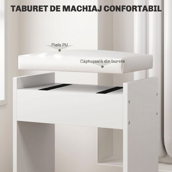 HOMCOM Set Masă de Toaletă cu Oglindă și 5 Sertare și Taburet de Machiaj Tapițat, 97,2x44,5x136,5 cm, Alb | Aosom Romania