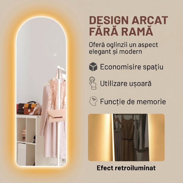 HOMCOM Oglindă de Perete în Formă de Arc cu Iluminare LED, Control Tactil și Sticlă Călită, 40x3x120 cm, Transparentă | Aosom Romania