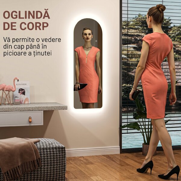 HOMCOM Oglindă de Perete în Formă de Arc cu Iluminare LED, Control Tactil și Sticlă Călită, 40x3x120 cm, Transparentă | Aosom Romania